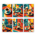 Espresso Bar mini paint by numbers set: six cubist coffee designs of cups, an espresso machine, pour-over and moka pot