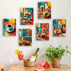 Six finished Espresso Bar mini paintings hung on a wall above a table