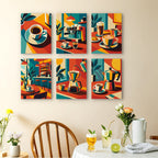 Espresso Bar mini paintings displayed as a gallery wall in a sunny kitchen