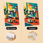 Espresso Bar mini canvas shown rolled without a frame and pre-stretched on a frame