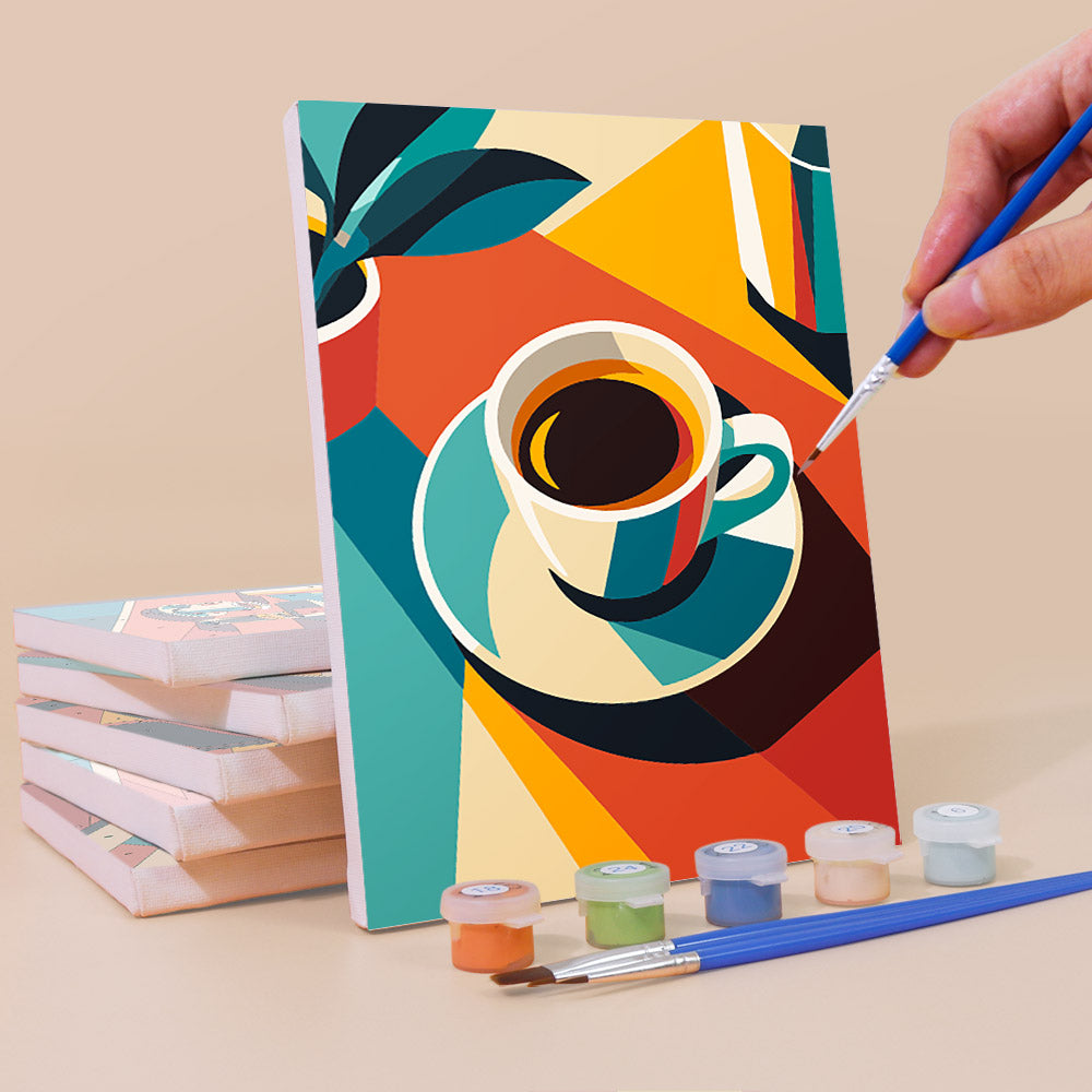 Painting an Espresso Bar mini canvas propped up beside numbered acrylic paints