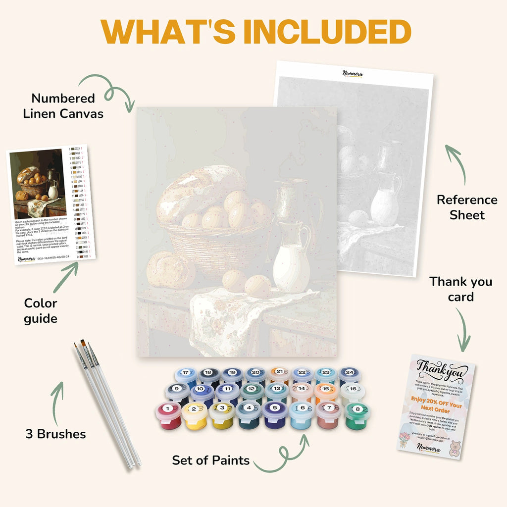What's included in the Essence of Life paint by numbers kit: numbered linen canvas, reference sheet, color guide, 24 acrylic paints, 3 brushes and thank you card
