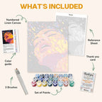 What's included in the Euphoria in Color paint by numbers kit: numbered linen canvas, reference sheet, color guide, 24 acrylic paints, 3 brushes and thank you card