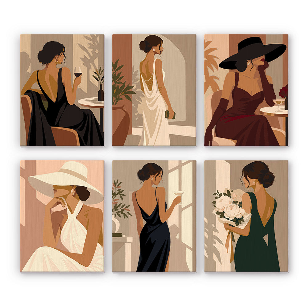 Evening Elegance mini paint by numbers set: six designs of elegant women in evening gowns and sun hats