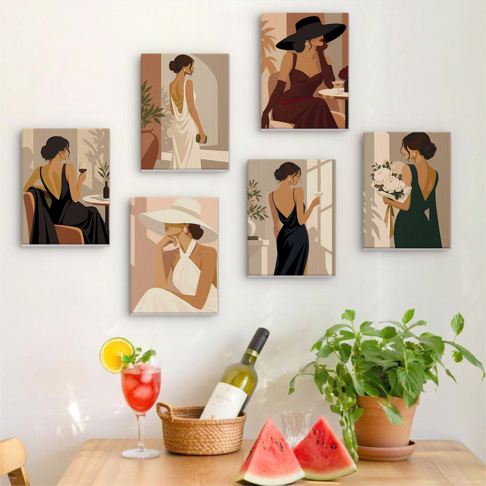 Six finished Evening Elegance mini paintings hung on a wall above a table