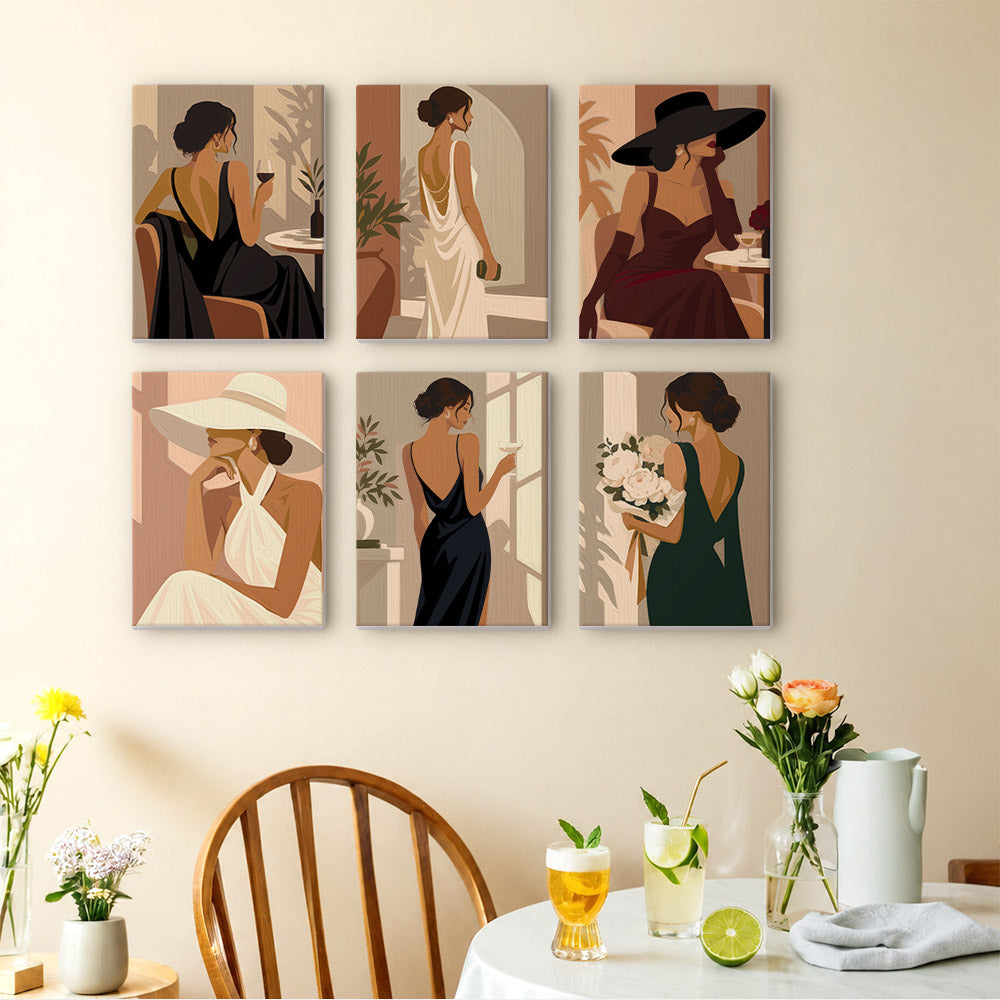 Evening Elegance mini paintings displayed as a gallery wall in a sunny kitchen