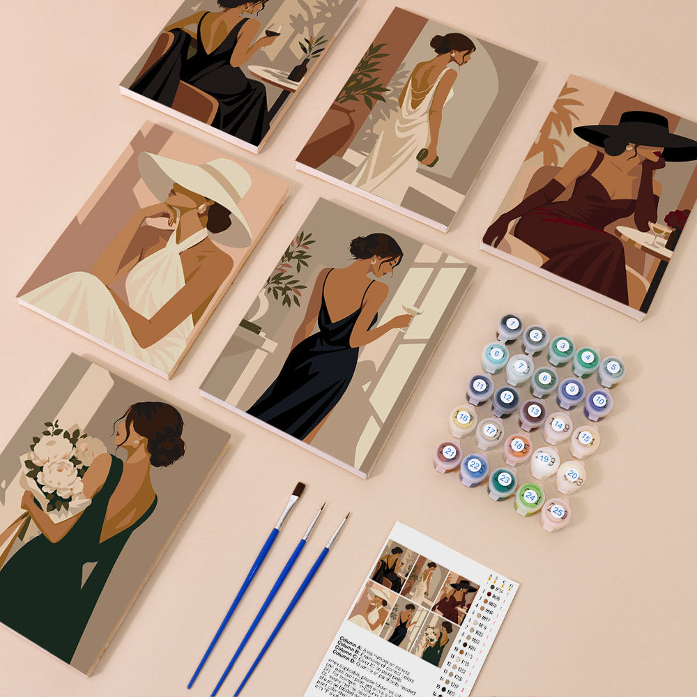 Evening Elegance mini paint by numbers kit with six numbered canvases, acrylic paints, brushes and layout