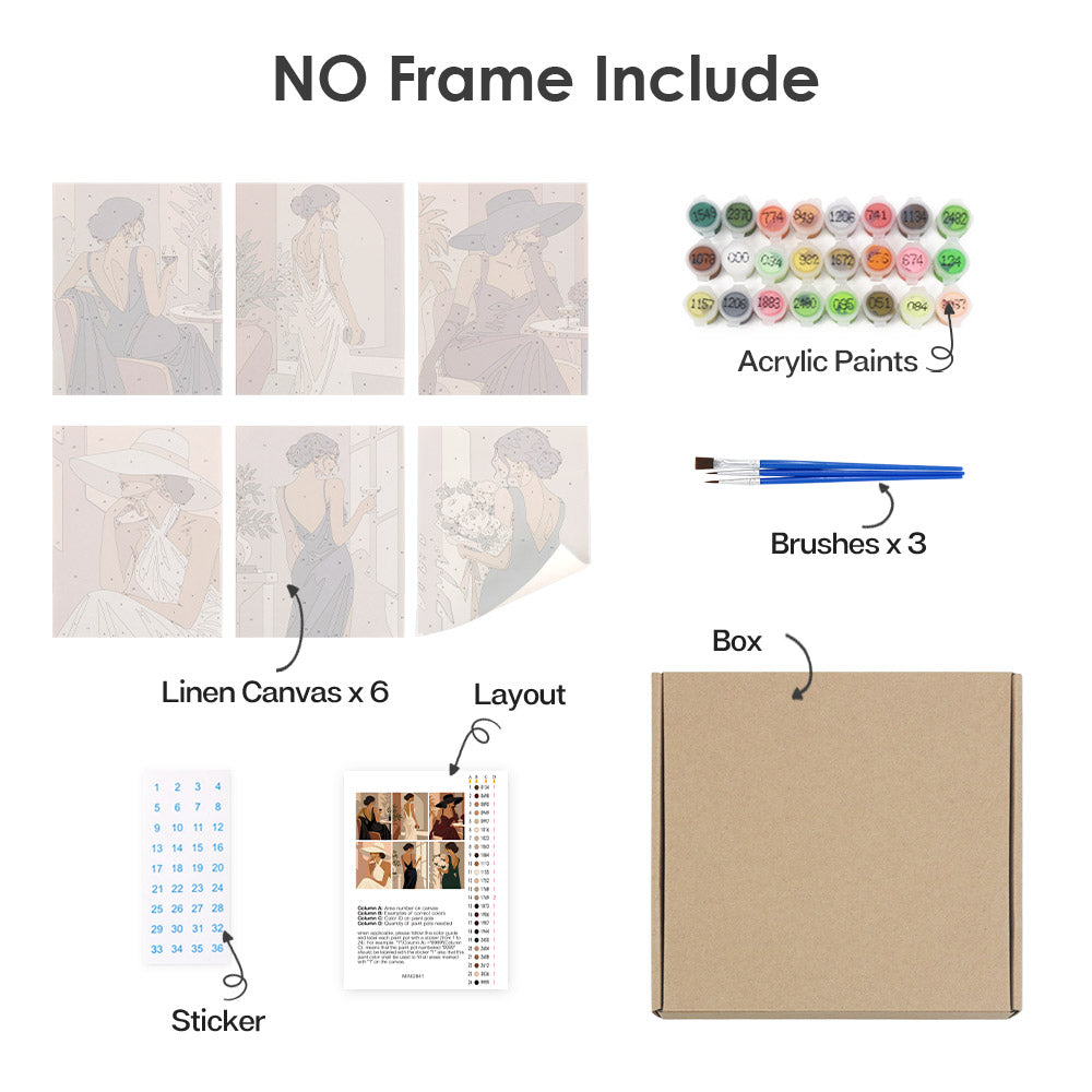 What's included without a frame: six rolled Evening Elegance mini canvases, acrylic paints, three brushes and layout