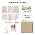 What's included without a frame: six rolled Evening Elegance mini canvases, acrylic paints, three brushes and layout
