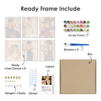 What's included pre-stretched on frame: six framed Evening Elegance mini canvases, paints, three brushes, hangers and layout