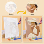 Before and after of an Evening Elegance mini paint by numbers canvas