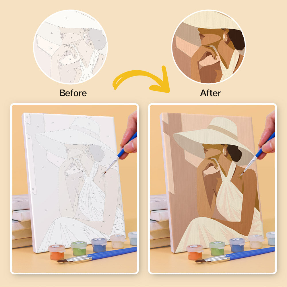 Before and after of an Evening Elegance mini paint by numbers canvas