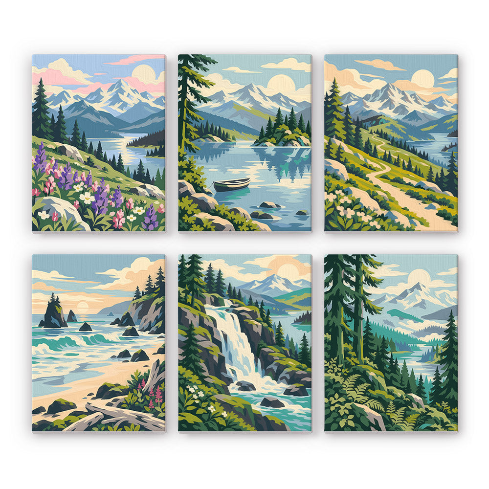Evergreen Coast mini paint by numbers set: six northwest landscapes of snowy peaks, pine forests, lakes, a rocky coast and a waterfall