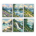 Evergreen Coast mini paint by numbers set: six northwest landscapes of snowy peaks, pine forests, lakes, a rocky coast and a waterfall