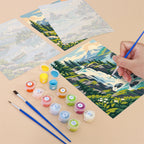Filling in an Evergreen Coast mini canvas with numbered acrylic paints and a fine brush