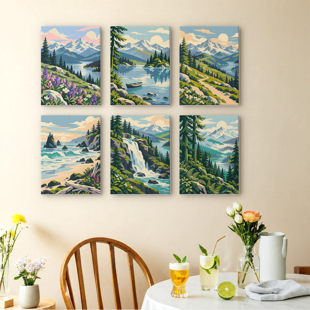 Evergreen Coast mini paintings displayed as a gallery wall in a sunny kitchen
