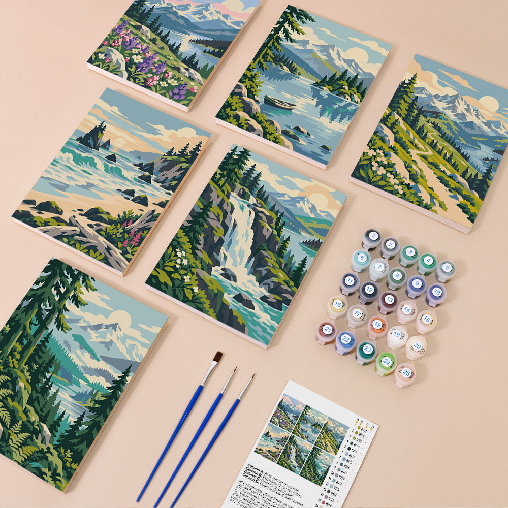 Evergreen Coast mini paint by numbers kit with six numbered canvases, acrylic paints, brushes and layout