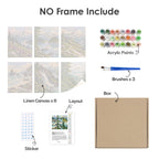 What's included without a frame: six rolled Evergreen Coast mini canvases, acrylic paints, three brushes and layout