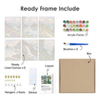 What's included pre-stretched on frame: six framed Evergreen Coast mini canvases, paints, three brushes, hangers and layout