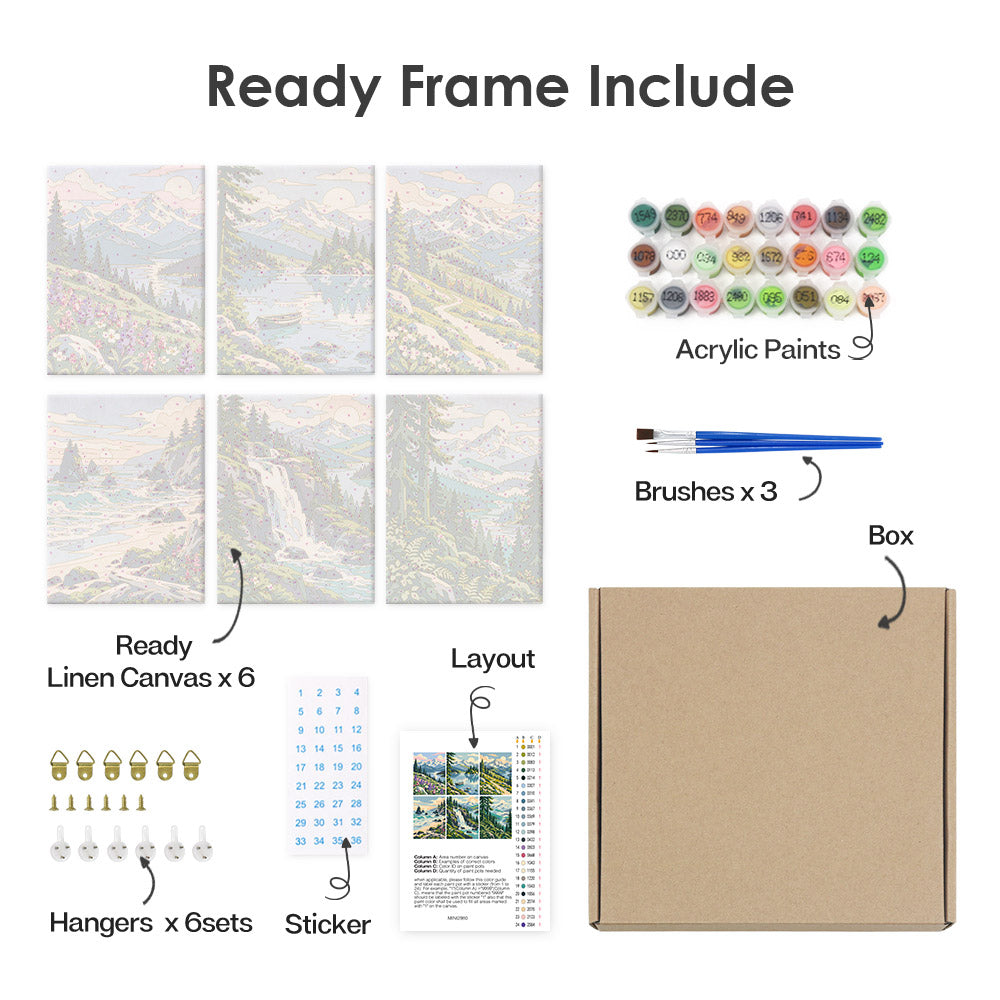 What's included pre-stretched on frame: six framed Evergreen Coast mini canvases, paints, three brushes, hangers and layout