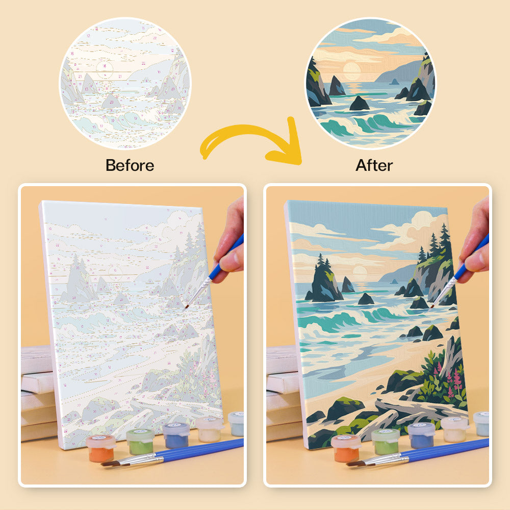 Before and after of an Evergreen Coast mini paint by numbers canvas
