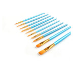 Set of 10 paint by numbers brushes with blue wooden handles and nylon hair, round and flat tips