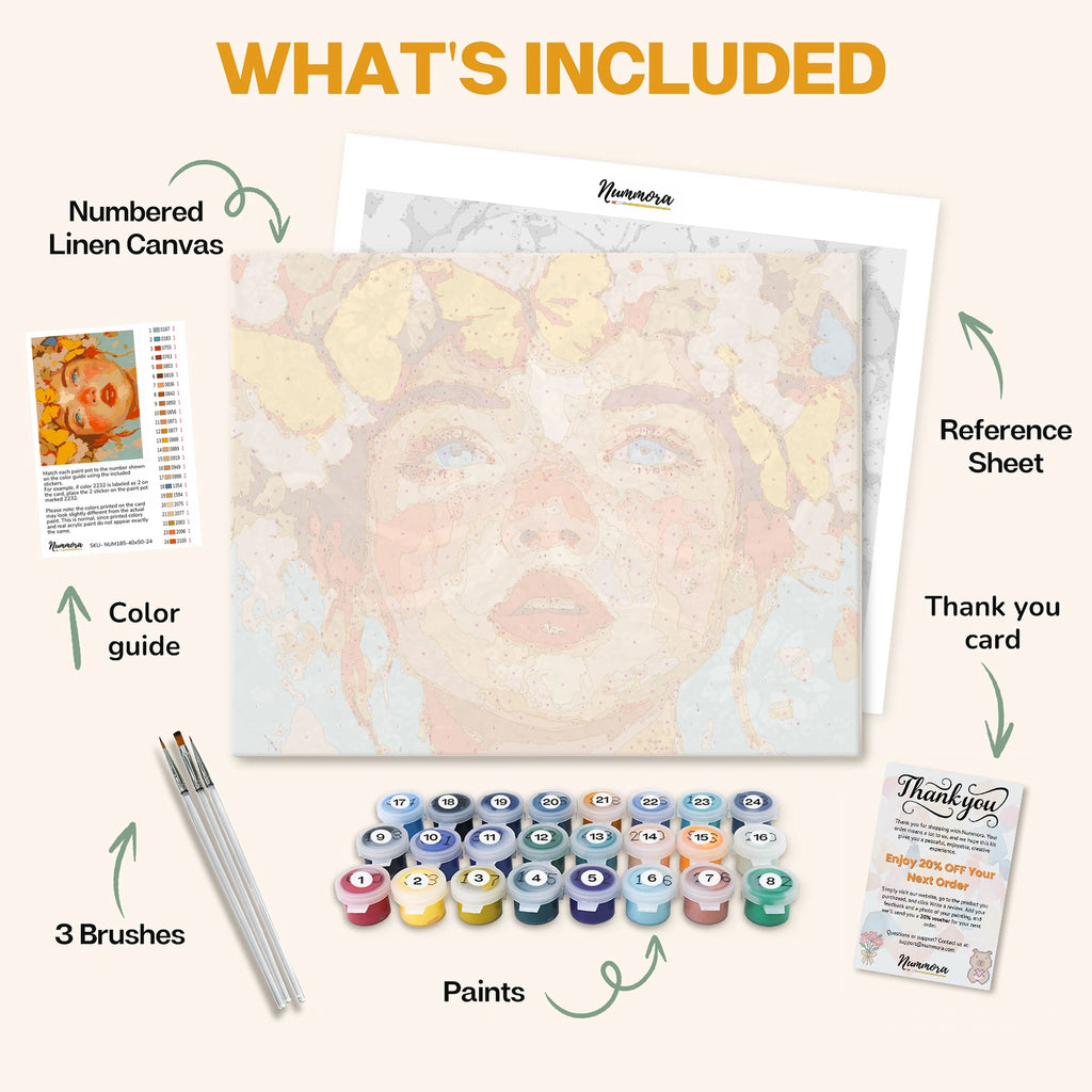 What's included in the Eyes of Innocence paint by numbers kit: numbered linen canvas, reference sheet, color guide, 24 acrylic paints, 3 brushes and thank you card