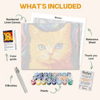 What's included in the Eyes of the Universe paint by numbers kit: numbered linen canvas, reference sheet, color guide, 24 acrylic paints, 3 brushes and thank you card