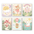 Fairytale Dreams mini paint by numbers set: six designs of a sleepy sun, fawn ballerina, castle, mushroom house, bear balloon and swan