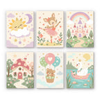 Fairytale Dreams mini paint by numbers set: six designs of a sleepy sun, fawn ballerina, castle, mushroom house, bear balloon and swan