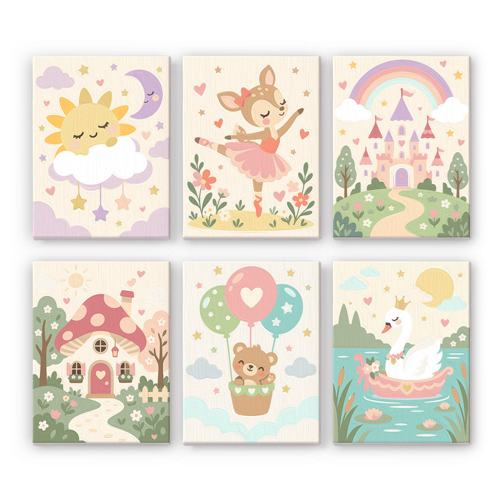 Fairytale Dreams mini paint by numbers set: six designs of a sleepy sun, fawn ballerina, castle, mushroom house, bear balloon and swan