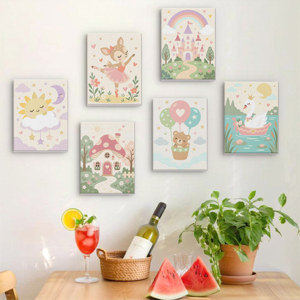 Six finished Fairytale Dreams mini paintings hung on a wall above a table