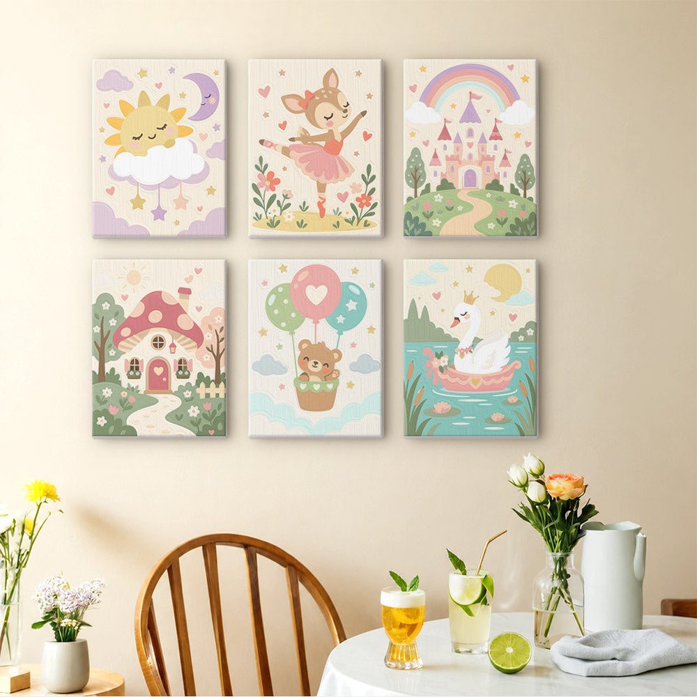 Fairytale Dreams mini paintings displayed as a gallery wall in a sunny kitchen