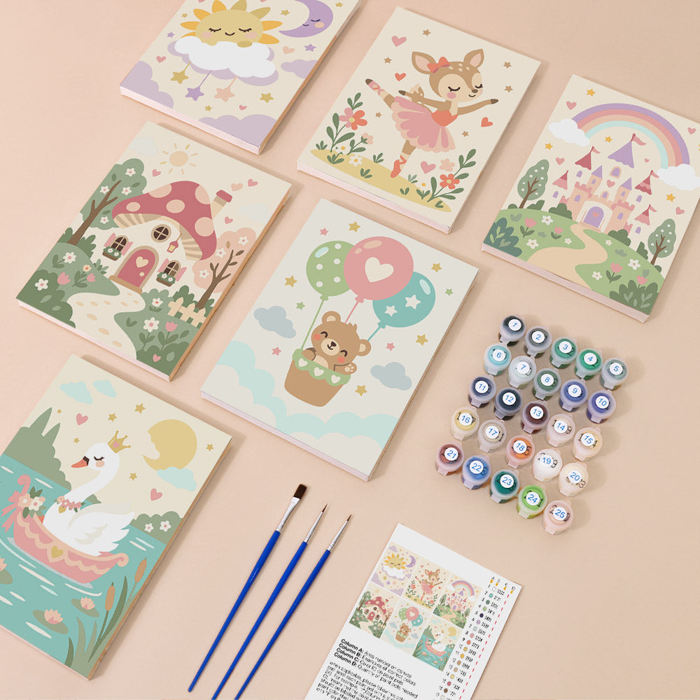 Fairytale Dreams mini paint by numbers kit with six numbered canvases, acrylic paints, brushes and layout