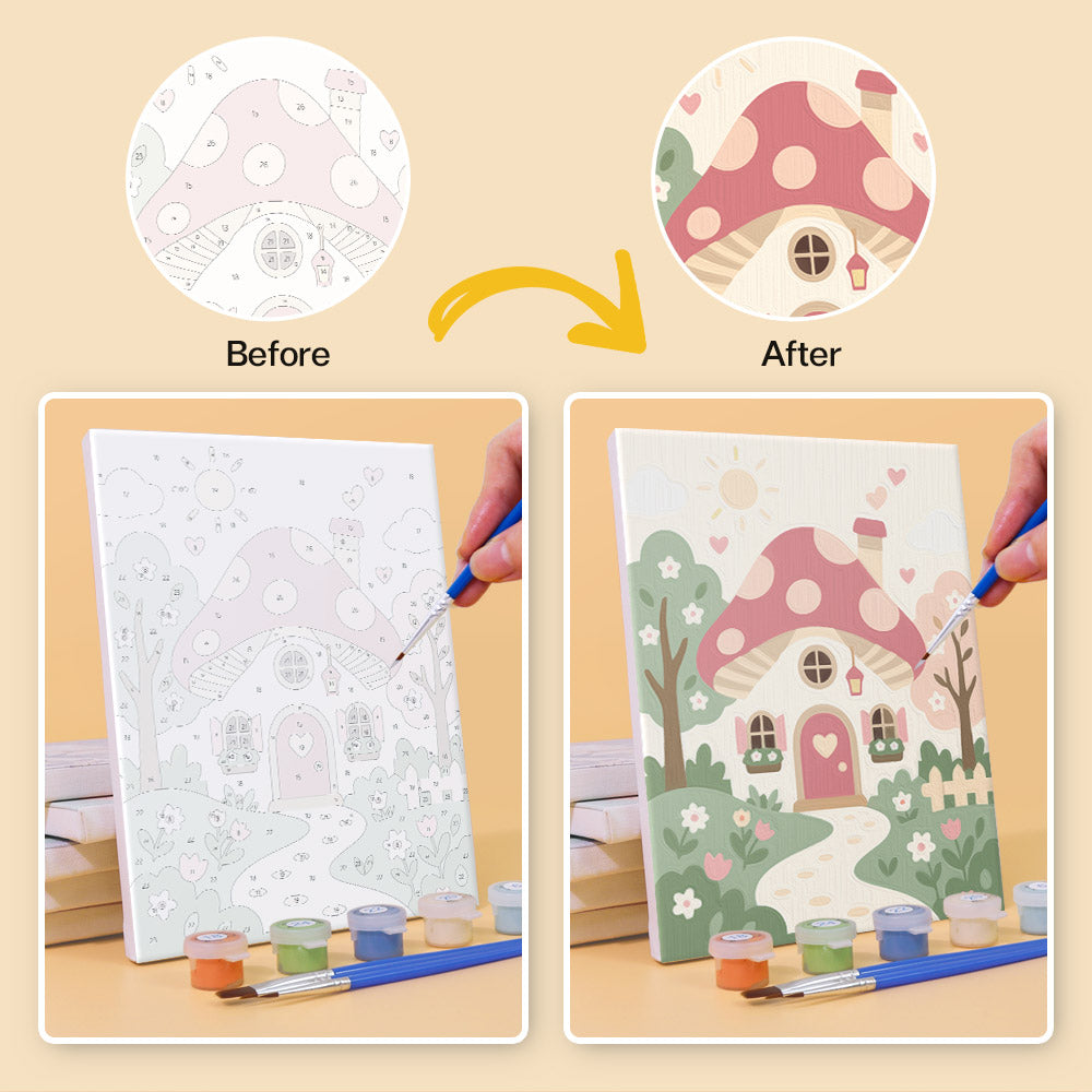 Before and after of a Fairytale Dreams mini paint by numbers canvas