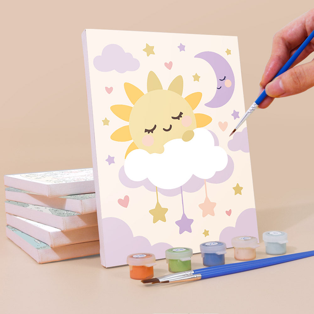 Painting a Fairytale Dreams mini canvas propped up beside numbered acrylic paints
