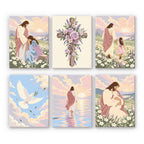 Faith & Grace mini paint by numbers set: six pastel Christian designs of Jesus, a floral cross, a dove and a lamb