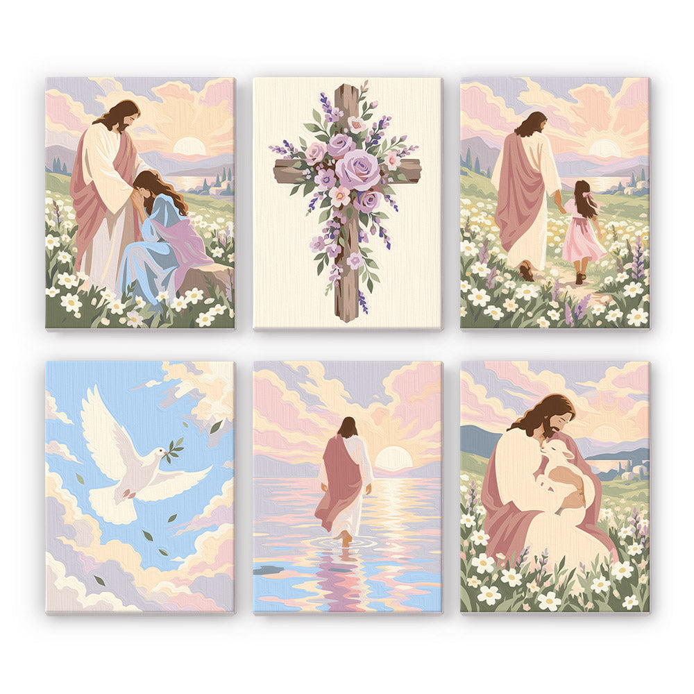 Faith & Grace mini paint by numbers set: six pastel Christian designs of Jesus, a floral cross, a dove and a lamb