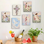 Six finished Faith & Grace mini paintings hung on a wall above a table