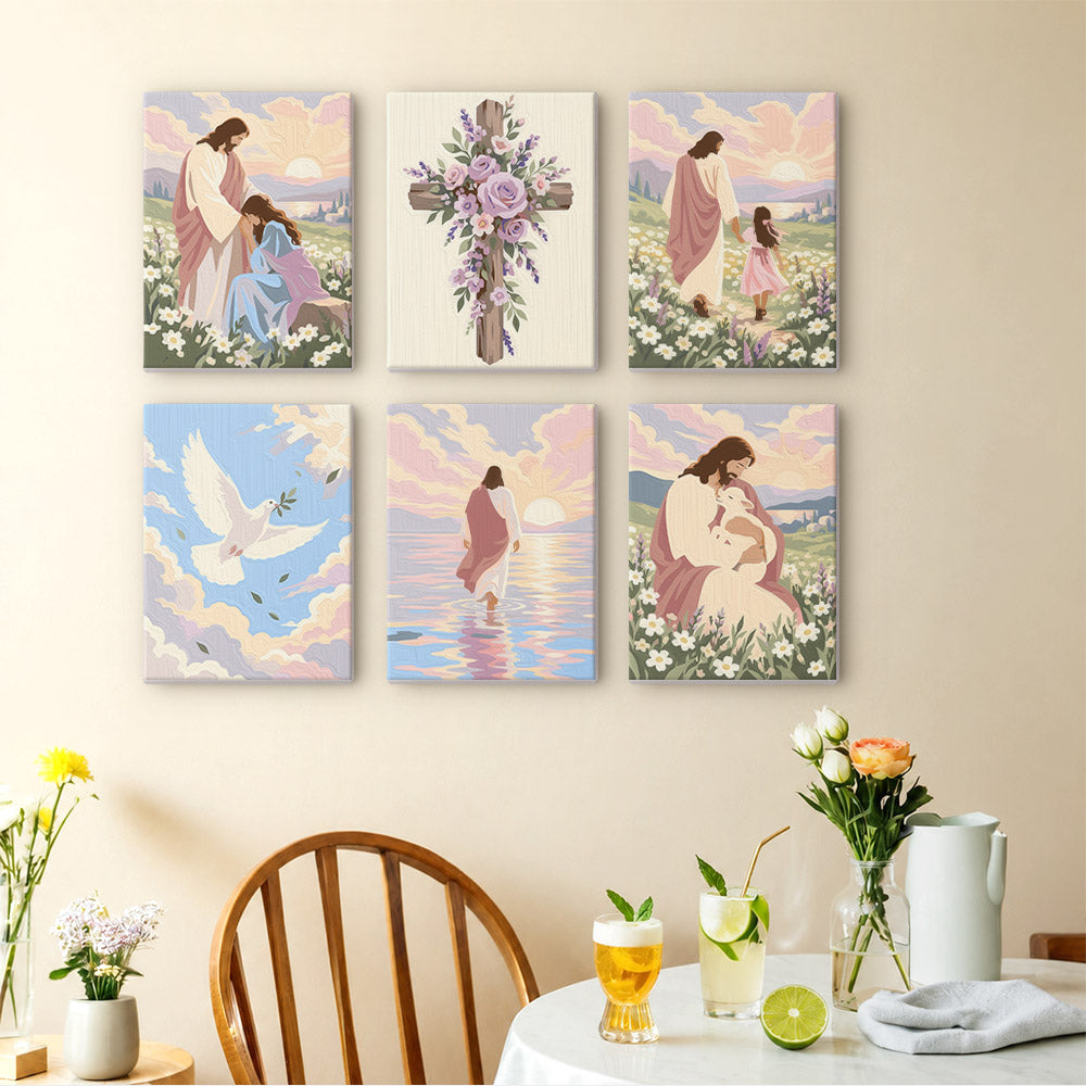 Faith & Grace mini paintings displayed as a gallery wall in a sunny kitchen