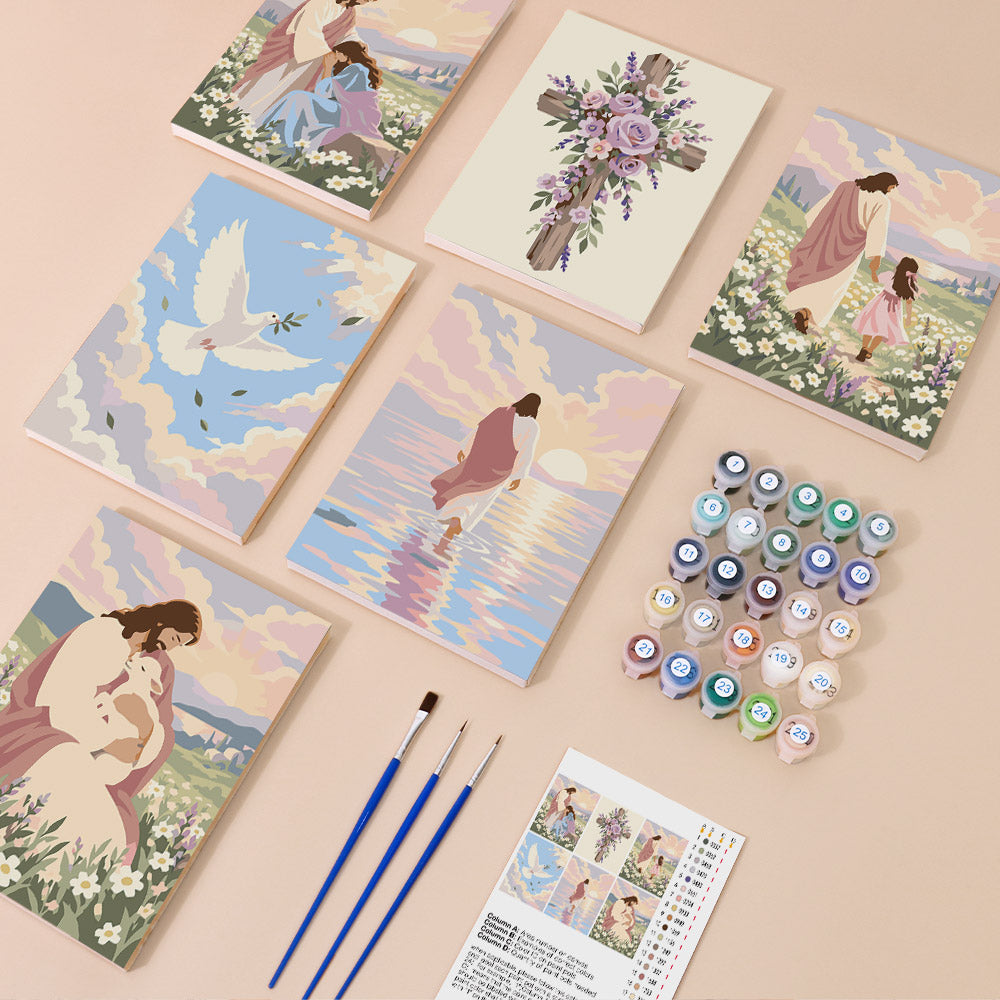 Faith & Grace mini paint by numbers kit with six numbered canvases, acrylic paints, brushes and layout