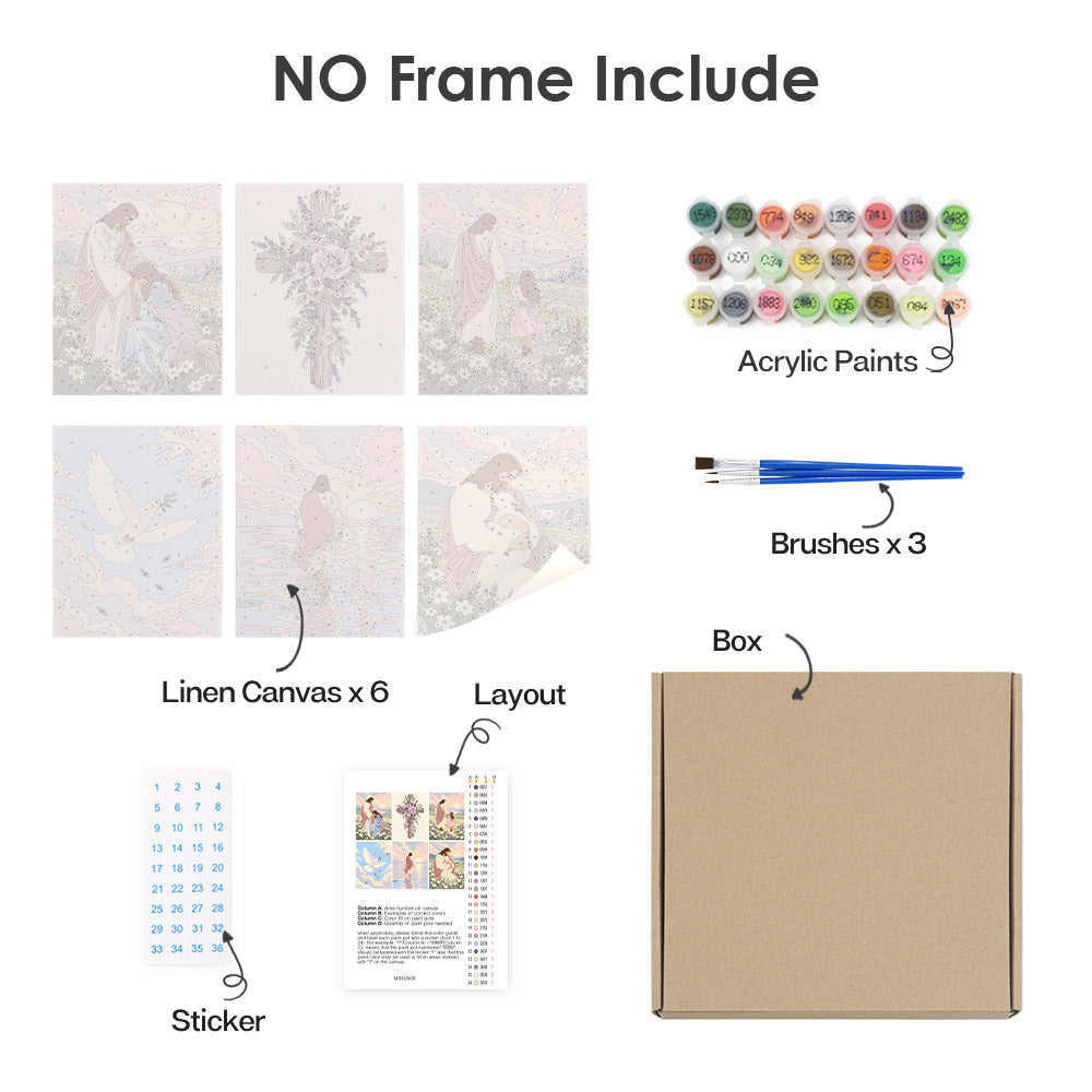 What's included without a frame: six rolled Faith & Grace mini canvases, acrylic paints, three brushes and layout