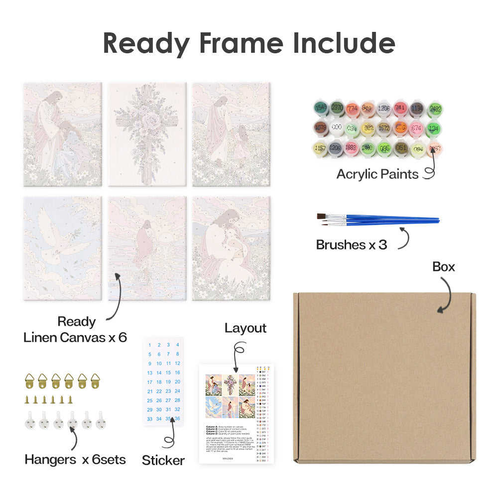 What's included pre-stretched on frame: six framed Faith & Grace mini canvases, paints, three brushes, hangers and layout