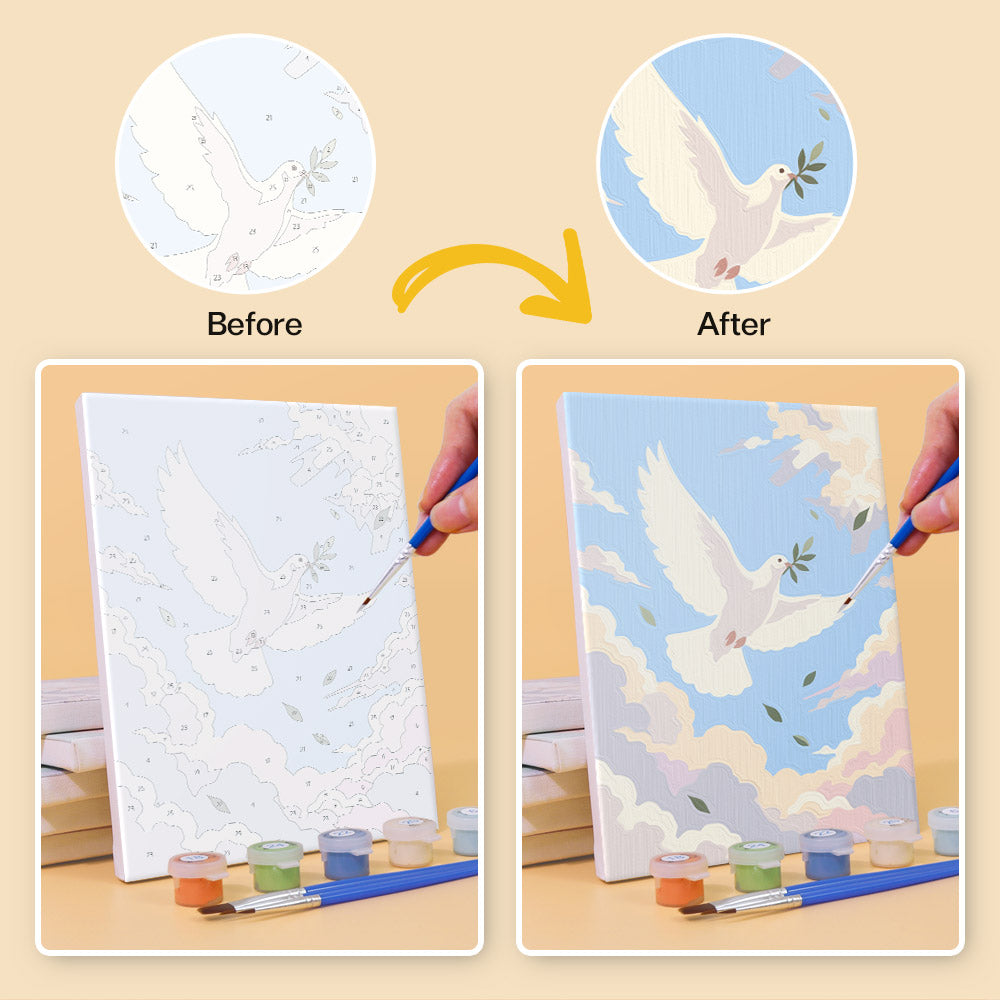 Before and after of a Faith & Grace mini paint by numbers canvas