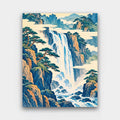 Falls Between the Pines paint by numbers kit of a tall waterfall between rocky cliffs and pines in Japanese woodblock style