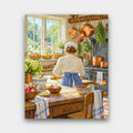 Farmhouse Baking Day paint by numbers kit of a baker rolling dough in a farmhouse kitchen with pies, copper pots and herbs