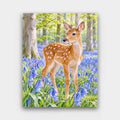 Fawn in the Bluebells paint by numbers kit of a spotted fawn standing in a beech forest carpeted with bluebells