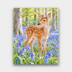 Fawn in the Bluebells paint by numbers kit of a spotted fawn standing in a beech forest carpeted with bluebells