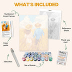 What's included in the Fields of Eternity paint by numbers kit: numbered linen canvas, reference sheet, color guide, 24 acrylic paints, 3 brushes and thank you card