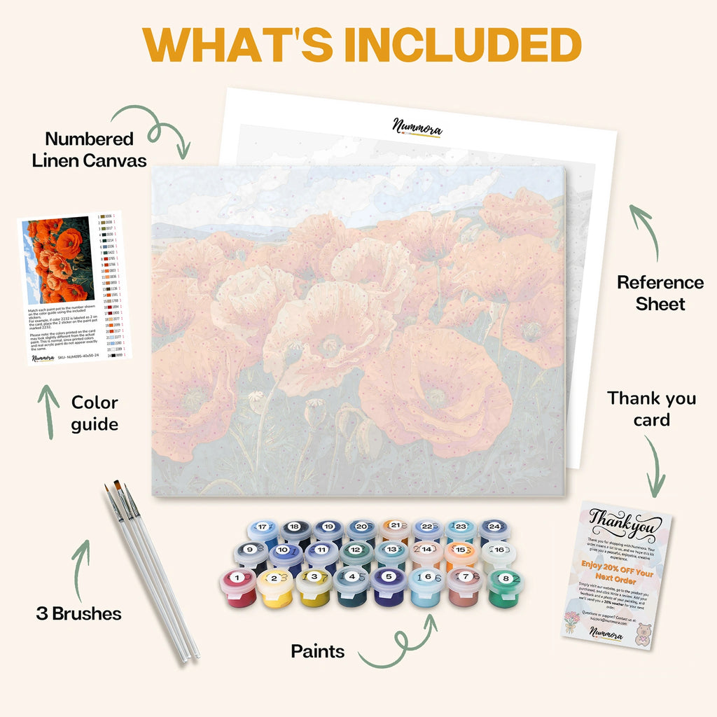 What's included in the Fields of Fire paint by numbers kit: numbered linen canvas, reference sheet, color guide, 24 acrylic paints, 3 brushes and thank you card